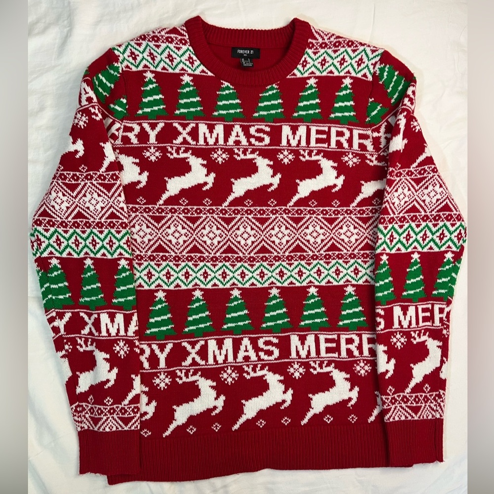 Forever 21 Men's Christmas Sweater Knit Reindeer Trees Holiday Size Large